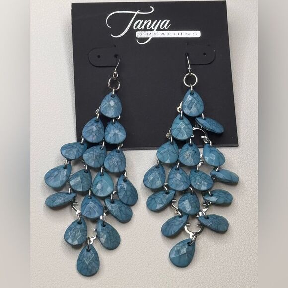 Teardrop Blue Chandelier Earrings with Cascading Design 3.5 inch - Picture 2 of 4